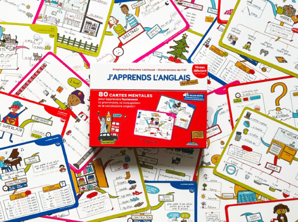 J'apprends l'anglais (débutant) avec les cartes mentales : coffret de 80 fiches et fichiers sons à écouter en ligne.