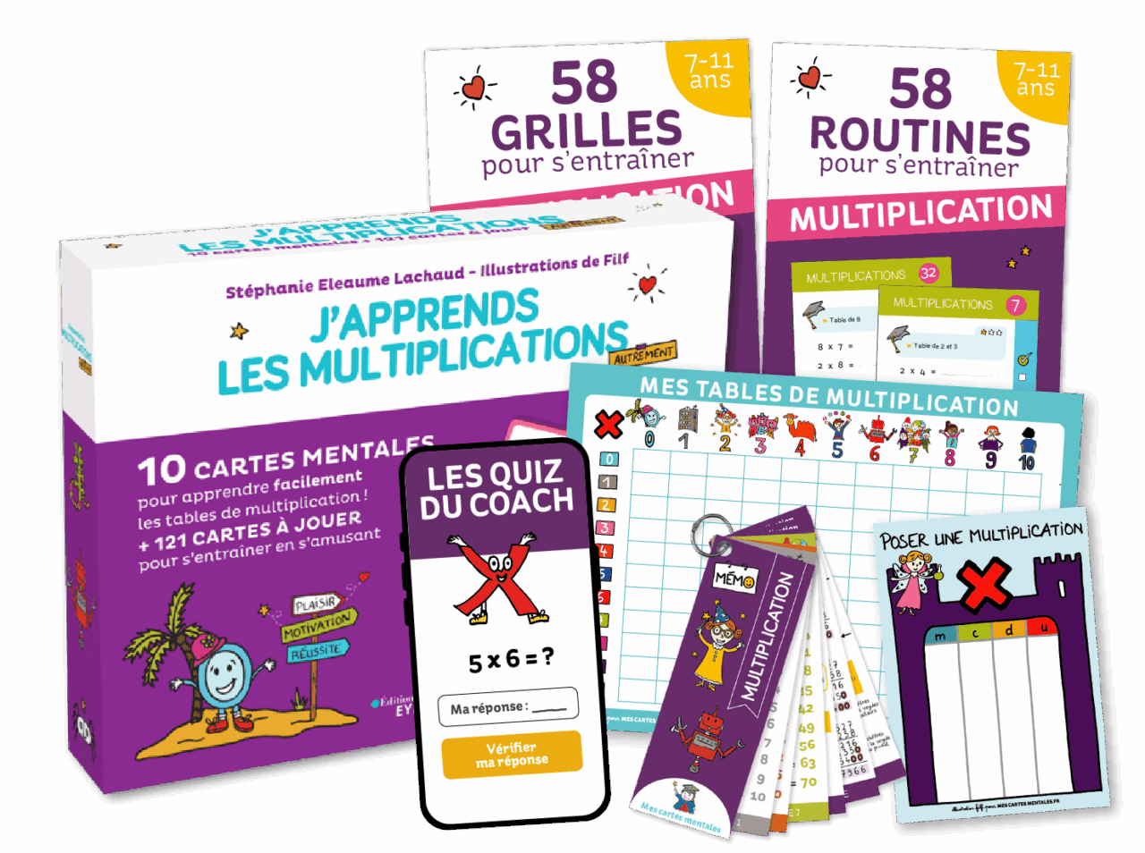 Pack de cartes mentales et accessoires d'entraînement pour apprendre ses tables de multiplication en primaire avec plaisir