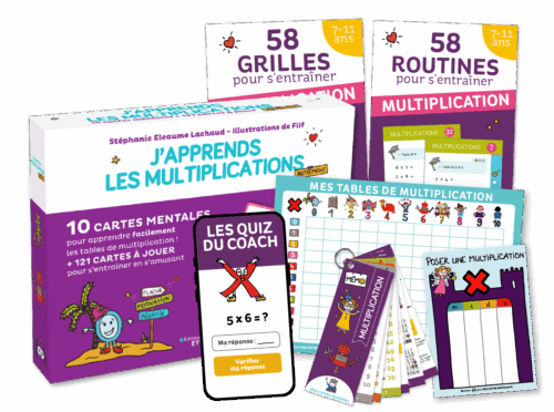 Pack de cartes mentales et accessoires d'entraînement pour apprendre ses tables de multiplication en primaire avec plaisir