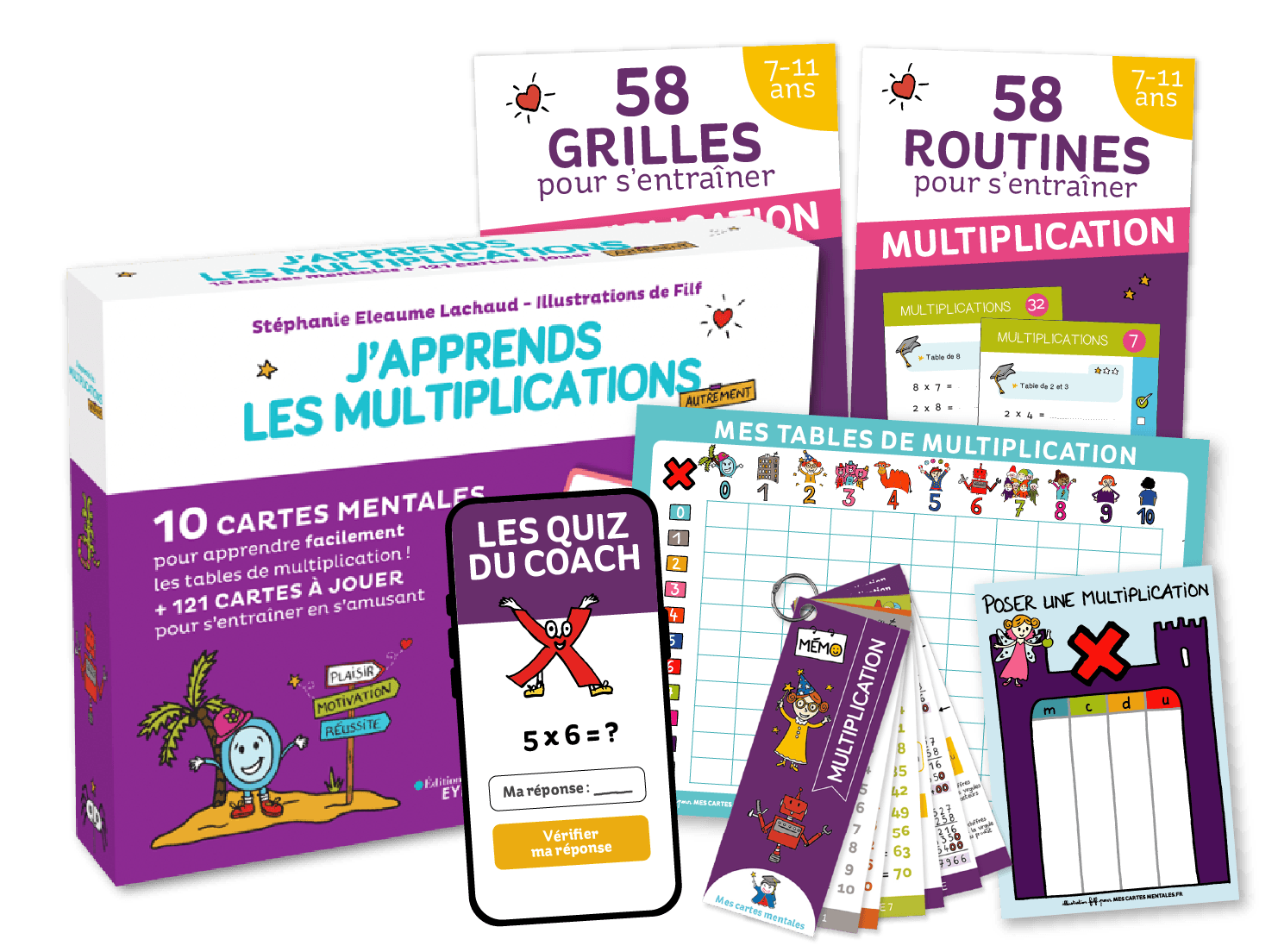 Pack de cartes mentales et accessoires d'entraînement pour apprendre ses tables de multiplication en primaire avec plaisir