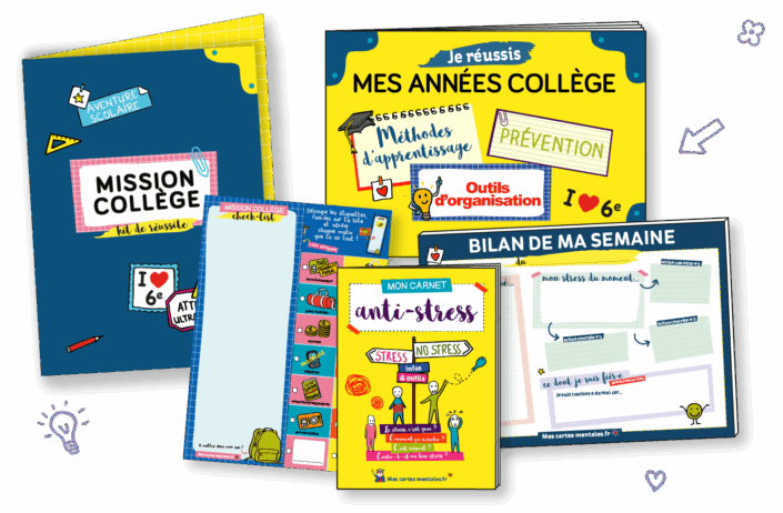 Image-kitmissioncollege6e Kit pour réussir son entrée en 6e composé d'un carnet anti-stress, d'une check-list pour faire son sac, de cartes mentales méthodologiques pour apprendre à s'organiser et à travailler et un support pour faire un bilan émotionnel.
