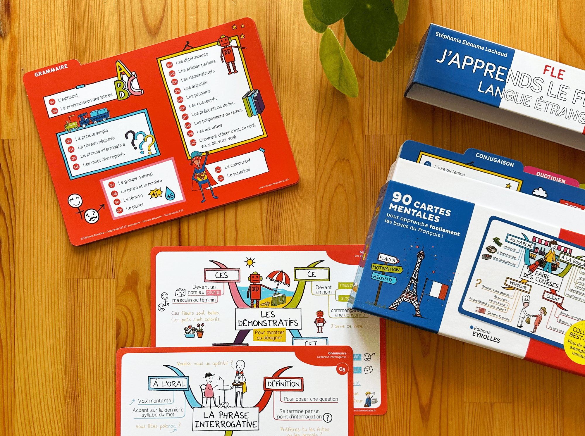 Coffret FLE 90 cartes mentales pour apprendre le français langue étrangère : carte mentale démonstratifs français FLE ; carte mentale phrase interrogative français FLE