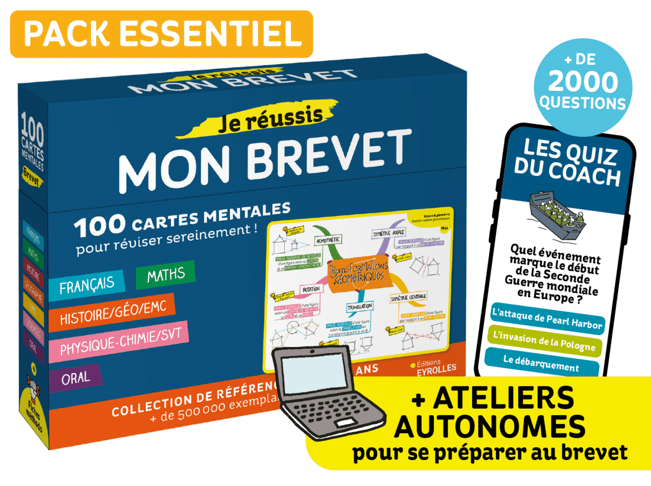 Vignette produit pack essentiel pour réussir son brevet : fiches de révision + quiz en ligne + ateliers autonomes pour s'entraîner
